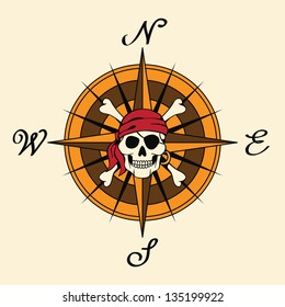 Vintage wind rose with pirate skull