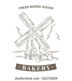 Vintage Windmill Logo Bakery design vector template. Hand drawn wind mill illustration