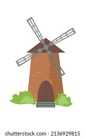 vintage windmill made of stone, brown on a white background, vector