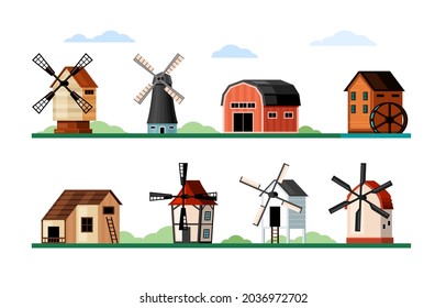Vintage windmills set. Wood and brick buildings with blades for grinding flour rustic old design and air powered traditional architecture with water and electric turbine. Vector agriculture flat.