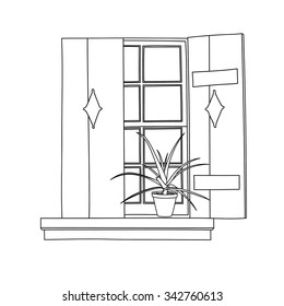 Vintage window with flower in pot.