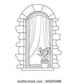 Vintage window with flower in pot.