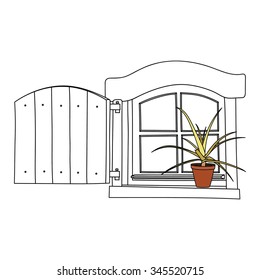 Vintage window with flower in pot.