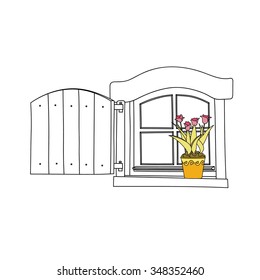 Vintage window with flowers in the pot.