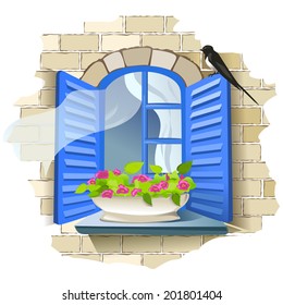 Vintage window with flowers. vector illustration