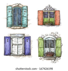 Vintage window hand drawn set of vector drawings