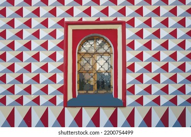 Vintage window of an old Russian building built in 17 century. No people view.