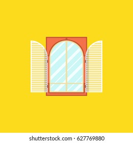 Vintage window on orange background. Flat vector illustration.