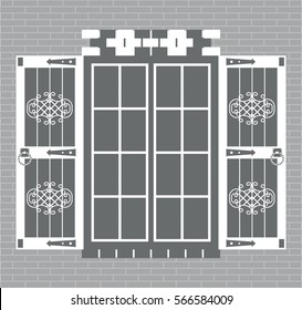 Vintage window with open shutters isolated on gray brick wall background