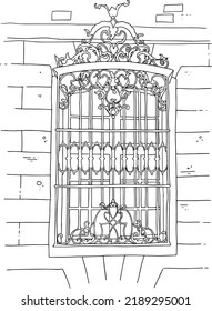 Ventana vintage con barras de hierro forjado estampadas en una pared de ladrillo, ilustración vectorial. Arte de líneas, estilo blanco y negro sobre un fondo blanco.