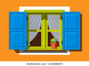 Vintage window with shutters, curtains, and flowerpot on orange wall background. Open retro window, flat color vector illustration.