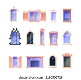 Vintage Windows. Cartoon Old Detailed Architectural Exterior Elements With Arches And Frames. Vector Castle And Residence Retro Windows Set. Outdoor City Apartment Windows Collection