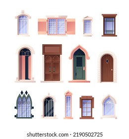 Vintage windows and doors. Antique european detailed facade architectural elements, retro balcony exterior. Vector castle and retro residence entrance and windows set. Historic building construction