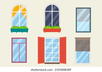 Ventanas antiguas establecidas. Iconos exteriores planos. Madera retro o marcos de ventana de madera aislados en la pared de la casa. Ventanas interiores de diferentes formas de ilustración vectorial plana. Diseño arquitectónico.