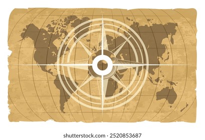 Vintage windrose on old paper world map background. Retro sea navigation backdrop vector illustration