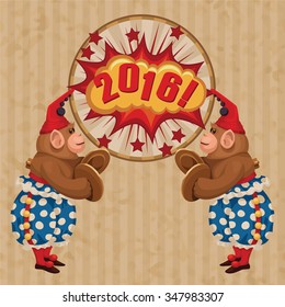 Vintage wind-up toy monkey with timpani and red hubcap. Vector retro illustration