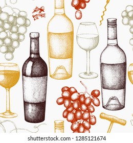 Vintage wine background. Vector illustration with wine glass, grapes, bottle. Hand drawn alcoholic drink design. Bar Seamless pattern.