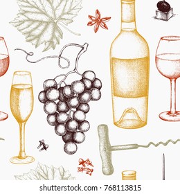 Vintage wine background.  Vector illustration with wine glass, grapes, bottle. Hand drawn alcoholic drink design. Seamless pattern.