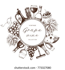 Vintage wine card.  Vector illustration with wine glass, grapes, bottle. Hand drawn alcoholic drink template. Bar menu design