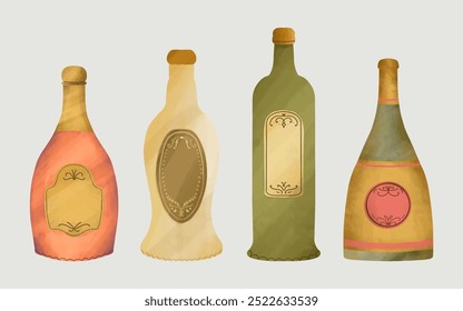 vintage wine or Champagne bottle vector illustration set