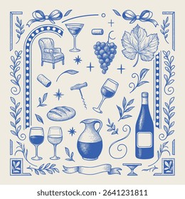 Vintage Wine and Food Hand Drawn Illustration Set