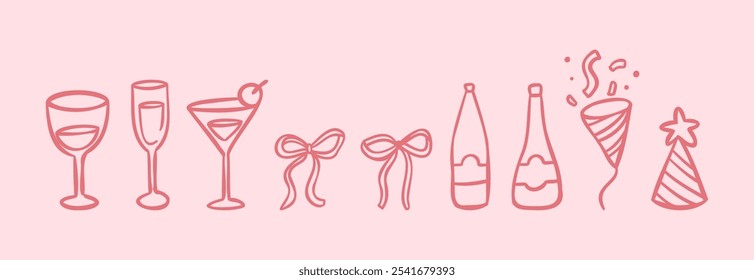 Vintage Wine Glasses, Bottles, and Ribbon for Wedding and Party Invitations. Retro Hand Drawn Vector Illustration