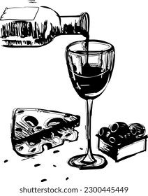 VINTAGE WINE HAND DRAWING. APERITIF AND SNACKS. BLACK AND WHITE DRAWING OF A GLASS OF WINE