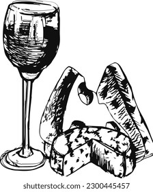 VINTAGE WINE HAND DRAWING. APERITIF AND SNACKS. BLACK AND WHITE DRAWING OF A GLASS OF WINE