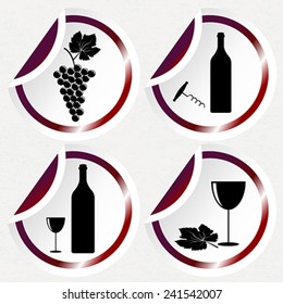 Vintage wine icons on round stickers with curved corner
