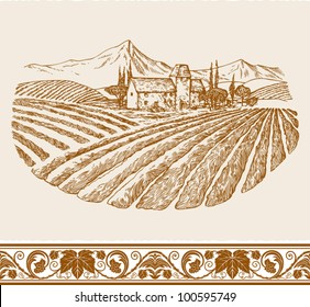 Vintage Wine Label Background With Sketch Of Old Chateau, Landscape With Village And Vineyard, Grapes Floral Ornament For Decoration And Design