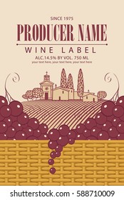 Vintage wine label with grape bunch and vine in a basket