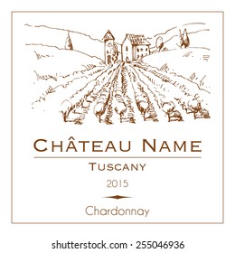 Vintage Wine Label With A Hand Drawn Rural Landscape