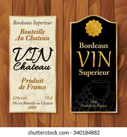 Vintage wine labels with hand-drawn details on wooden background vector illustration