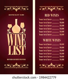 Vintage wine list long menu with bottle and wineglass. Violet background. Best red and white fine wines. Vector illustration