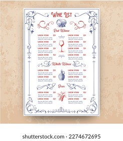 Vintage Wine list with a price list. Wine menu for restaurant or cafe in curly frame in retro style.