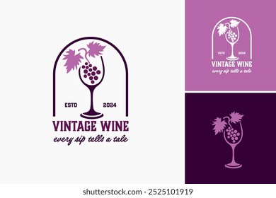 Vintage Wine Logo: A classic design featuring a wine bottle and grapevines, symbolizing tradition and storytelling in every sip. Ideal for wineries, wine shops, or vineyard tours. Layered EPS Vector