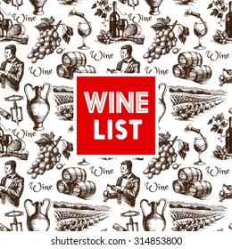 Vintage wine menu background. Hand drawn sketch vector illustration