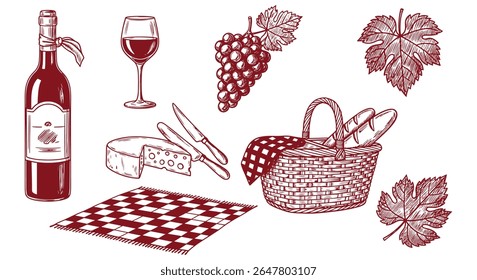 Vintage vinho piquenique conjunto de ilustração. Garrafa de vinho tinto, vidro, uvas, cunha de queijo, faca, cesta de vime, baguete, cobertor e folhas de videira. Arte francesa de piquenique no campo