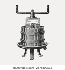Vintage wine press illustration, showcasing a classic wine press design. The wine press is detailed, highlighting its traditional craftsmanship. Vintage illustration isolated on white, vector.