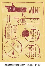 Vintage wine set kraft paper. Set of wine, wine list, wine card, wine glass, bottle of wine, wine here, wine stain, symbols wine, wine object.