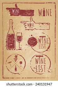 Vintage wine set kraft paper. Set of wine, wine list, wine red, wine white, wine glass, bottle of wine