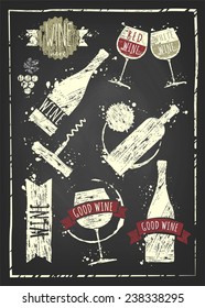 Vintage wine set on chalkboard background.