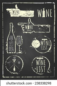 Vintage wine set on chalkboard background. Set of wine, wine list, wine card, wine glass, bottle of wine, wine here, wine stain, symbols wine, wine object. 