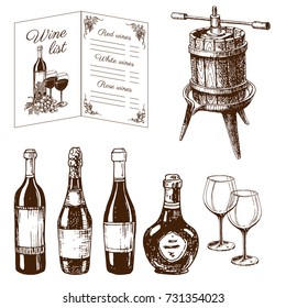 Vintage Winery Wine Production Handmade Draft Winemaking Sketch Fermentation Grape Drink Vector Illustration