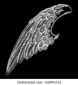 Vintage wing isolated on black background. Design elements for logo, label, emblem. Heraldic hand drawn wing for tattoo. Vector. 
