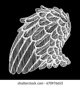 Vintage wing isolated on black background. Design elements for logo, label, emblem. Heraldic hand drawn wing for tattoo. Vector. 