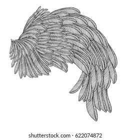 Vintage wing isolated on white background. Design elements for logo, label, emblem. Heraldic hand drawn wing for tattoo. Vector. 