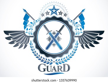 Vintage winged emblem created in vector heraldic design and composed using swords crossed and pentagonal stars.