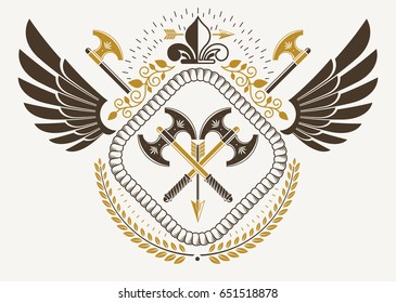 Vintage winged emblem created in vector heraldic design and composed using hatchets and lily flower royal symbol.