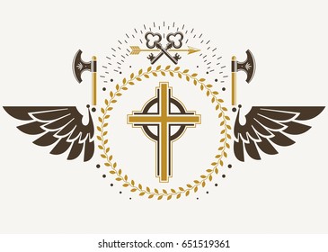 Vintage winged emblem created in vector heraldic design and composed using religious cross, hatchets and security keys.

